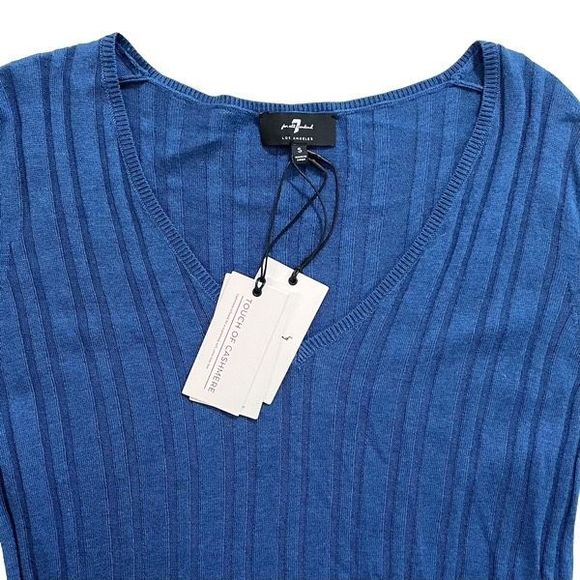 7 For All Mankind V-Neck Ribbed Long Sleeve Top Touch Of Cashmere Blue S NWT - Picture 4 of 7